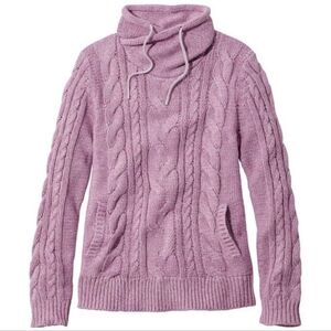 L.L.Bean Chunky Cable Knit Hoodie Sweater Light Purple Pink Cotton Cowl Neck